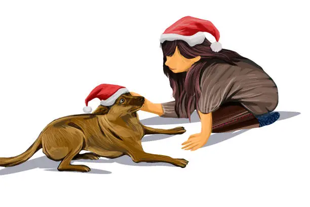 Vector illustration of Woman and her dog in Santa hat