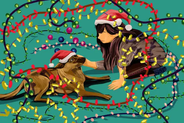 Vector illustration of Pet love under Christmas lights