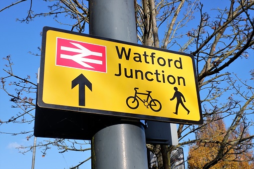 Watford, Hertfordshire, England, UK - November 22nd 2021: Sign for cycle and pedestrian route to Watford Junction Station