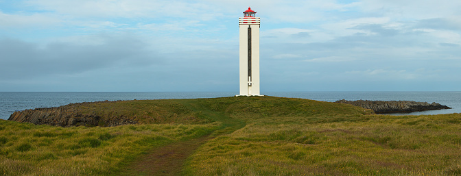 Lighthouse on Kalfshamarsvik peninsula, Iceland, Europe