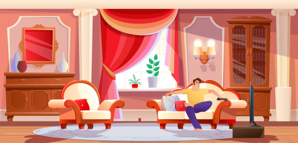 расслабленный домашний мужчина смотрит телевизор на диване дома ретро красный интер�ьер мужской отдых наслаждается выходными - domestic room palace chandelier nobility stock illustrations