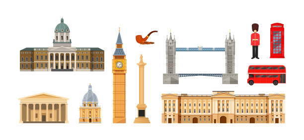 England British UK traditional set. Great Britain ethnic cultural elements Big Ben, Trafalgar square vector art illustration