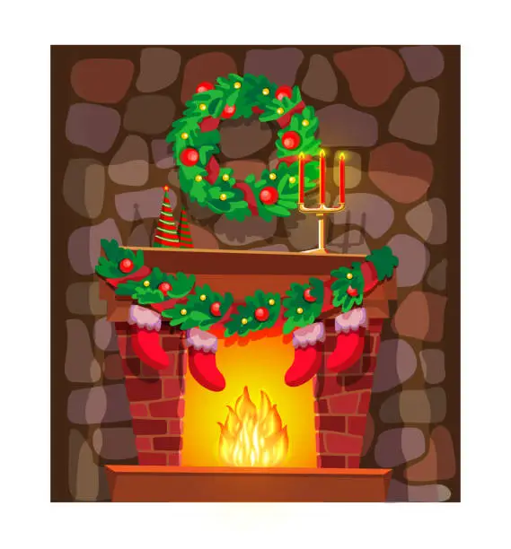 Vector illustration of Christmas greeting card or postcard with fireplace and white frame. Celebrating winter holiday