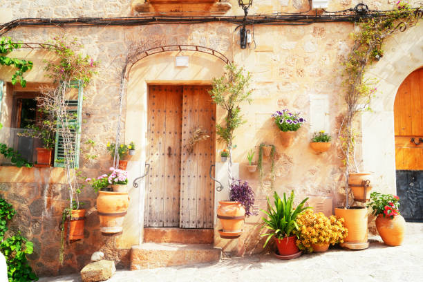 wall with traditional flower pots in old town of Valdemossa, Majorca, Spain, toned
