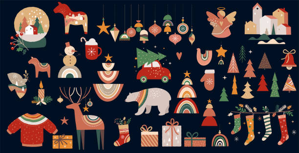 Merry Christmas Boho, Bohemian collection. Vector trendy Xmas design and illustration. Rainbows, decorations and Nordic winter elements vector art illustration