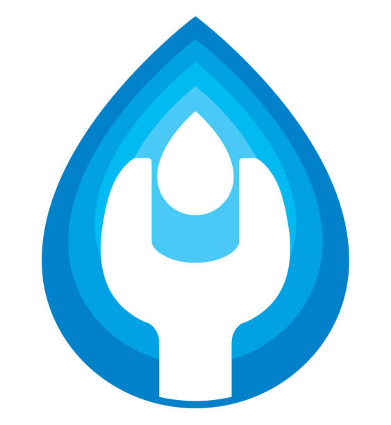 Spanner and Water Drop Plumbing Symbol Wrench and water droplet plumbing symbol in shades of flat blue colors. Isolated. faucet leaking pipe water stock illustrations