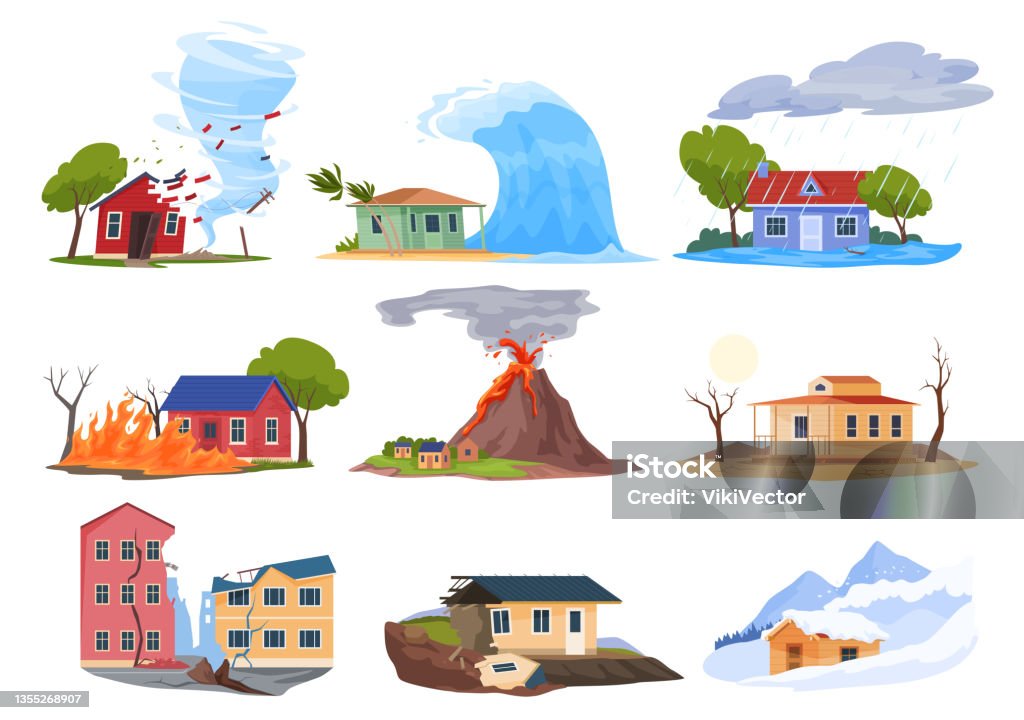 Natural Disasters Set Vector Cartoon Illustration Collection Damage  Catastrophe Tornado Storm Stock Illustration - Download Image Now - iStock