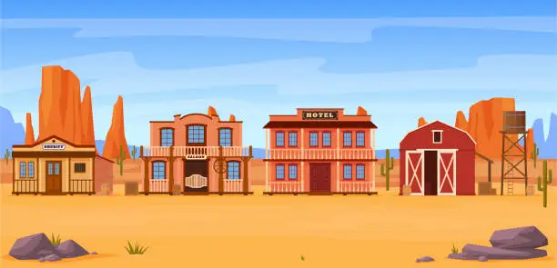 Vector illustration of Wild West traditional cityscape vector flat western country street view neighborhood scenery