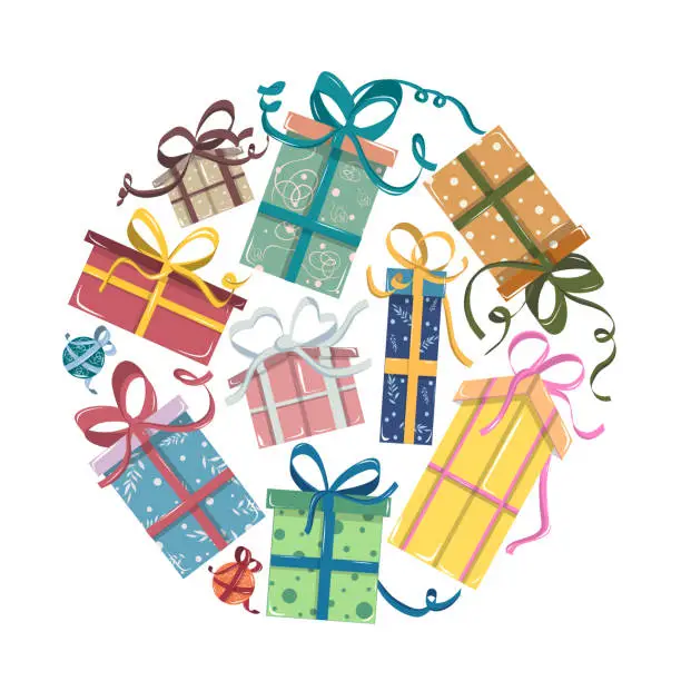 Vector illustration of Set of presents for christmas tree, gifts packed with ribbons in various shapes and color. Modern flat vector illustration set.