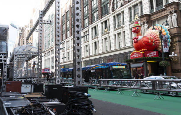 Stage being set up for The Thanksgiving Day Parade stock photo