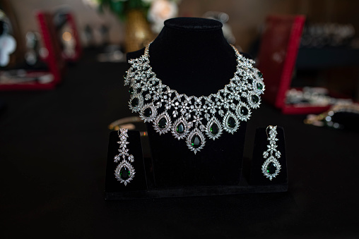 Diamond necklace with diamond earrings closeup stock photo