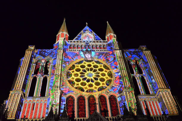 Chartres Cathedral In Lights Chartres In Lights is a free event to promote heritage through light, produced by the City of Chartres. The scenography of the royal portal of the Cathedral presents the history of Chartres. chartres cathedral stock pictures, royalty-free photos & images