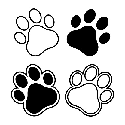Dog and cat footprint vector icon set. Footprint pet. Paw prints. Black silhouette paw.
