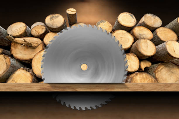 Metal Circular Saw Blade in motion and a Pile of Pine Tree Trunks Close-up of a metal circular saw blade in motion and a pile of pine tree trunks on background. Carpentry and Lumber industry concept. rotary blade stock pictures, royalty-free photos & images