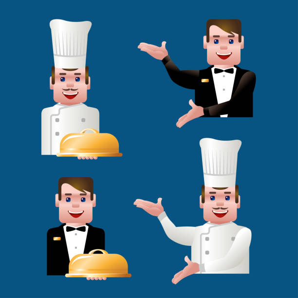 набор п�рофессиональных работников шеф-повара и официанта - greeting welcome sign waiter butler stock illustrations