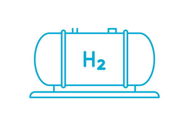 Big blue hydrogen tank line icon. Hydrogen fuel storage. Industrial cylinder gas tank. Liquid or gas hydrogen. High pressure tank. Sustainable energy concept. Vector illustration, flat, clip art. gauge pressure gauge pipe valve stock illustrations