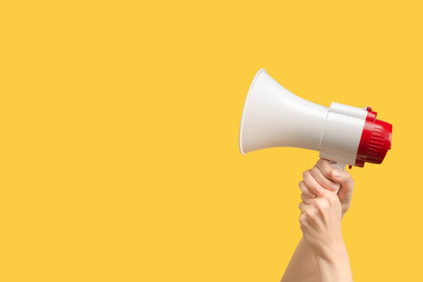 istock Megaphone in woman hands on a yellow background. 1355275670