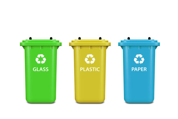 istock Recycle bins for plastic, paper, glass on white background 1355277983