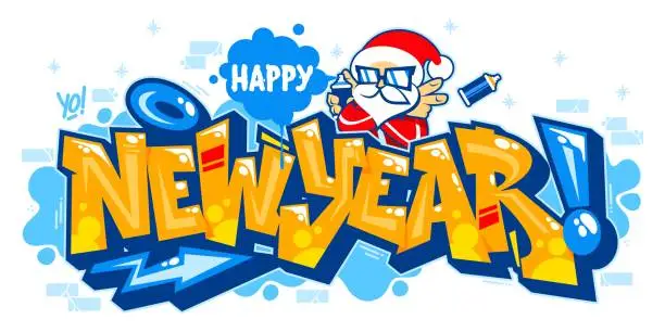 Vector illustration of Abstract Isolated Banner Happy New Year With Santa Claus In Graffiti Style Font Lettering Vector Illustration