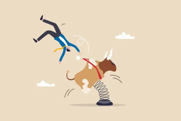 Vector illustration of Fall from stock market or crypto bull run, investment failure or financial crisis, trader mistake causing money loss concept, frustrated businessman investor or trader falling from raging rodeo bull.