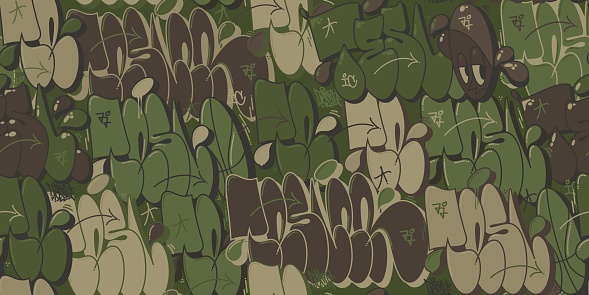 Flat Seamless Military Abstract Khaki Texture Camouflage With Graffiti Streetart Pattern Background Vector