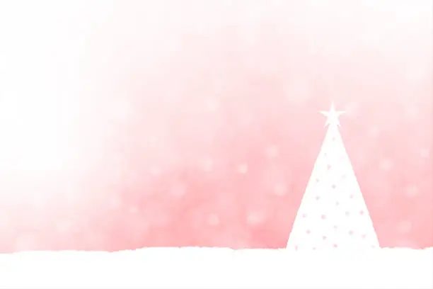 Vector illustration of Glittering defocused bokeh Christmas vector horizontal very light faded red or pink backgrounds with a white coloured triangle tree over bright dreamlike backdrop star at the top and glittery shiny dots all over