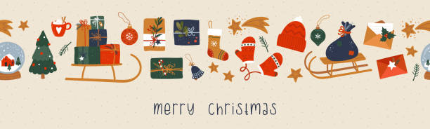 istock Cute hand drawn Christmas seamless pattern, collection of items, doodle, sketch, great for textiles, wrapping, banners, wallpapers, background - vector design 1355281791