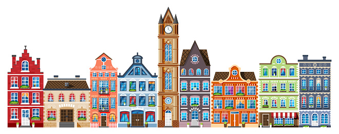 Residential House Icon Collection in Dutch Style. Amsterdam Old Building Set Isolated. Historic Facade with Windows, Door, Flowers and Curtains. Architecture of Old Europe. Flat Vector Illustration
