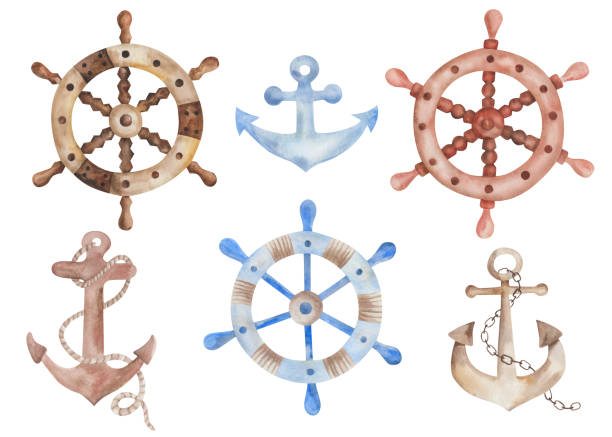 Watercolor illustration of hand painted steering wheels, anchors for old pirate ship, vessel, boat for sea and ocean. Marine clip art elements for fabric textile, clothes print, summer design cards Watercolor illustration of hand painted steering wheels, anchors for old pirate ship, vessel, boat for sea and ocean. Marine clip art elements for fabric textile, clothes print, summer design cards sail boat clipart pictures stock illustrations