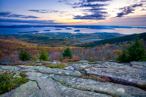 Sunrise over Frenchman Bay and the Porcupine Islands, viewed from Cadillac Mountain. Acadia National Park, Maine