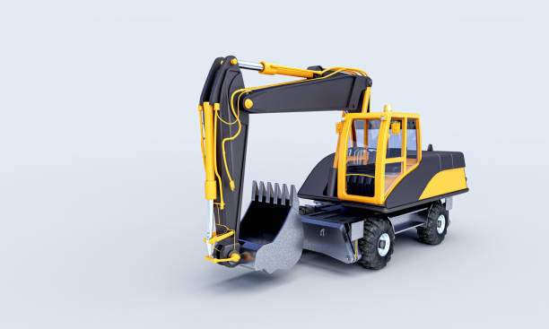 istock yellow and black excavator on a white background. 1355289216