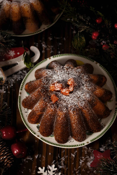Traditional homemade chocolate christmas cake with orange candied fruits powdering with icing sugar stock photo