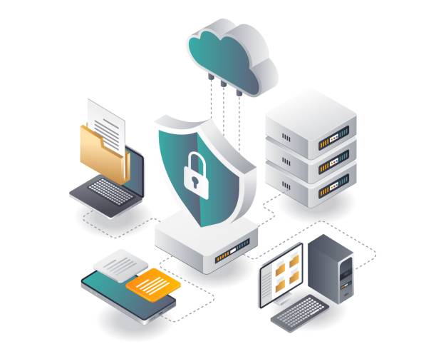 ilustraciones, imágenes clip art, dibujos animados e iconos de stock de servidor en la nube de endpoint protection - encryption security network server network security