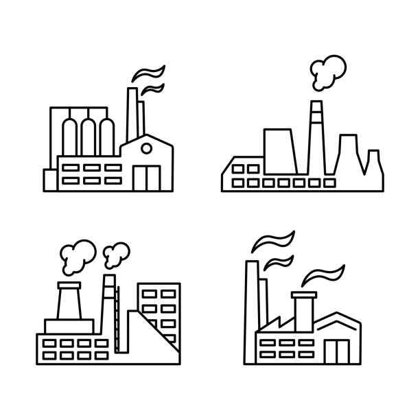 illustrazioni stock, clip art, cartoni animati e icone di tendenza di fabbrica di edifici industriali e centrali elettriche. edificio della fabbrica. edificio di produzione con fumo. sagoma nera dell'oggetto di produzione - gasoline factory station chimney