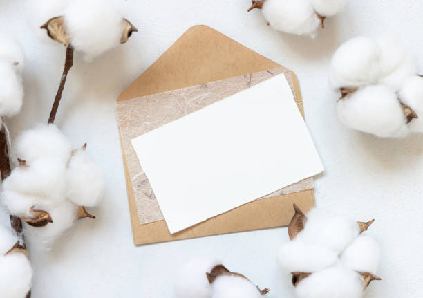 istock Blank card and envelope on white table with cotton flowers top view 1355292001