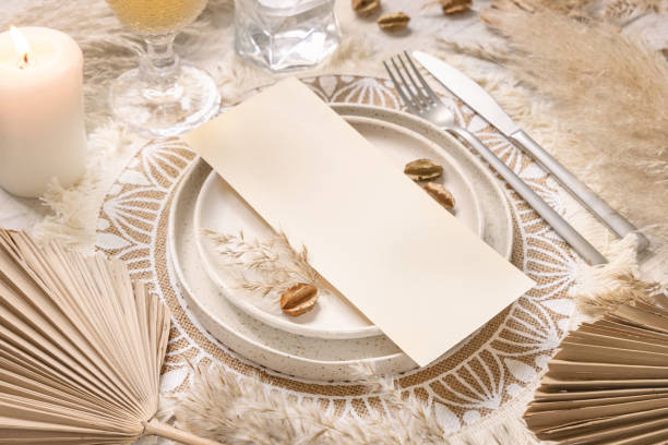 istock Table place with Blank paper card and bohemian decorations 1355292033