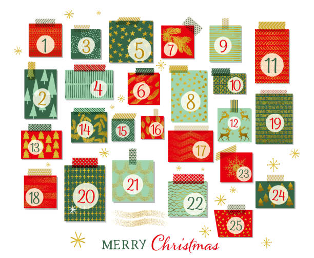 Modern style Advent Calendar With Gold textures and Highlights. Each piece has its own holiday doodled pattern and has a piece of washi tape on top of it. File was created in CMYK. The background is transparent.