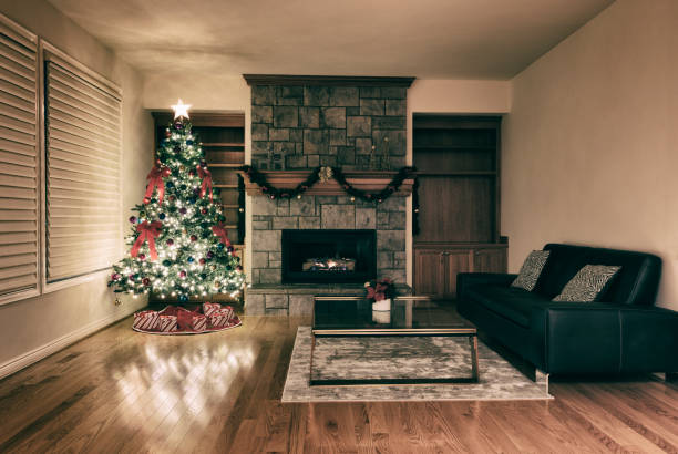 istock Vintage effect for Christmas, New Year interior background with decorated fir tree and fireplace 1355295998