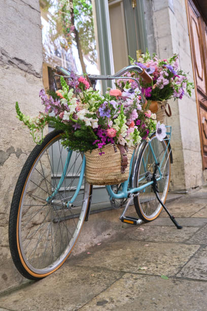istock vintage bicycle decorated with wicker baskets hanging from the handlebars full of beautiful flowers 1355297057