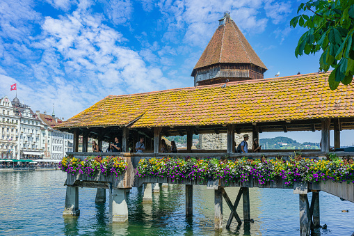 Lucerne, Switzerland - Famous wooden Chapel Bridge, oldest wooden covered bridge in Europe. Luzern, Lucerna in Swiss country.