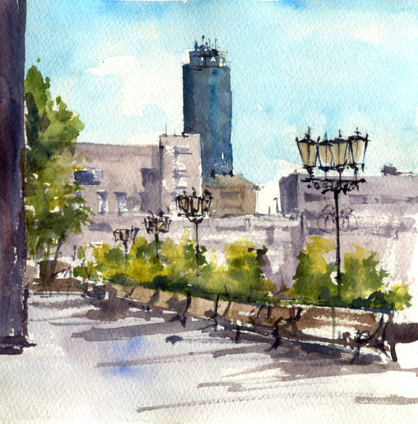 istock watercolor drawing landscape of city 1355301598