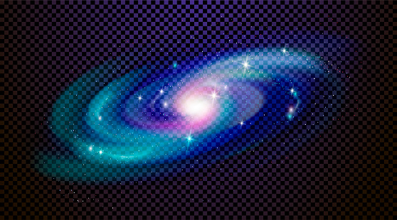 Realistic milky way spiral galaxy with stars isolated on transparent background. Bright blue yellow and red stars with space galaxy star dust. Can be used on flyers banners, web and other projects.