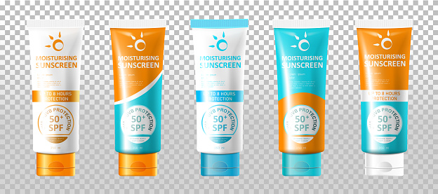 Set of cosmetic sucscreen toothpaste tube mockup template isolated on transparent background. Can be used on flyers anners or veb. Vector illustration. EPS 10.