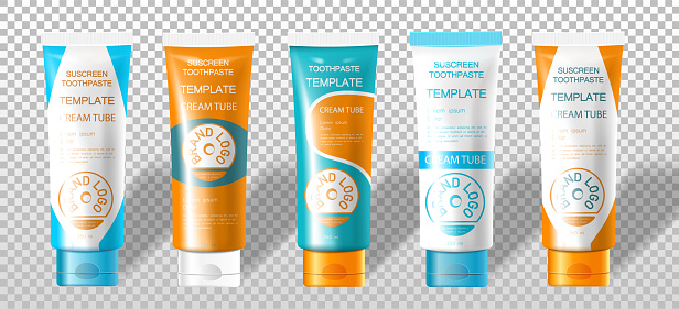 Set of cosmetic sucscreen toothpaste tube mockup template isolated on transparent background. Can be used on flyers anners or veb. Vector illustration. EPS 10.