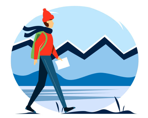 illustrazioni stock, clip art, cartoni animati e icone di tendenza di viaggiatore con uno zaino e una mappa in mano. l'uomo che cammina lungo le montagne e le foreste. illustrazione invernale in stile piatto. - inhabit