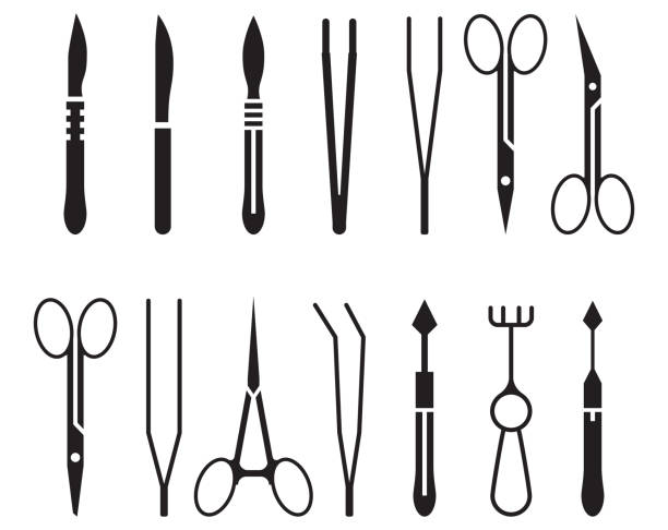 illustrazioni stock, clip art, cartoni animati e icone di tendenza di set di icone per strumenti chirurgici - medical supplies scalpel surgery equipment