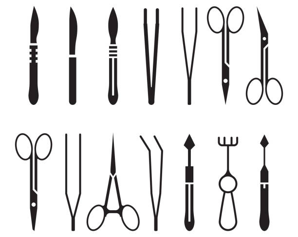 ilustrações de stock, clip art, desenhos animados e ícones de surgical instruments icon set - medical supplies scalpel surgery equipment