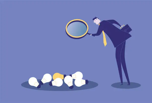 Vector illustration of Business man uses a magnifying glass to find different light bulbs.