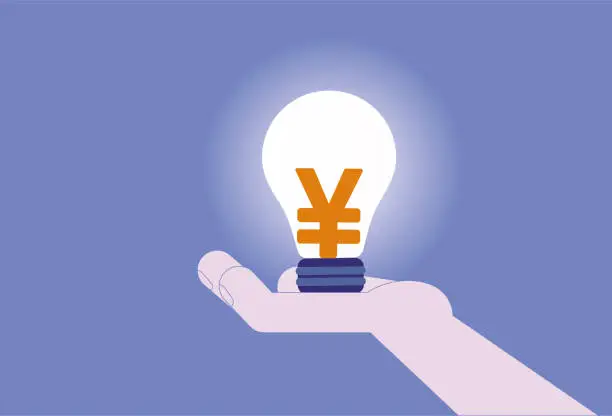 Vector illustration of Hold the renminbi bulb with your hand.