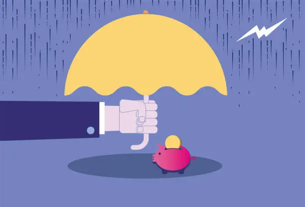 Vector illustration of Holding an umbrella in hand to protect the storage tank from rain and lightning
